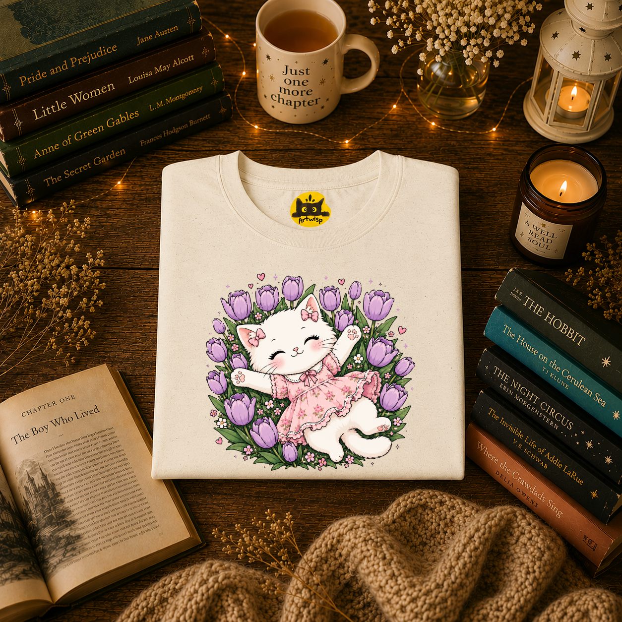 Cute Floral Cat T-Shirt — Happy Kitten in Tulips Graphic Tee