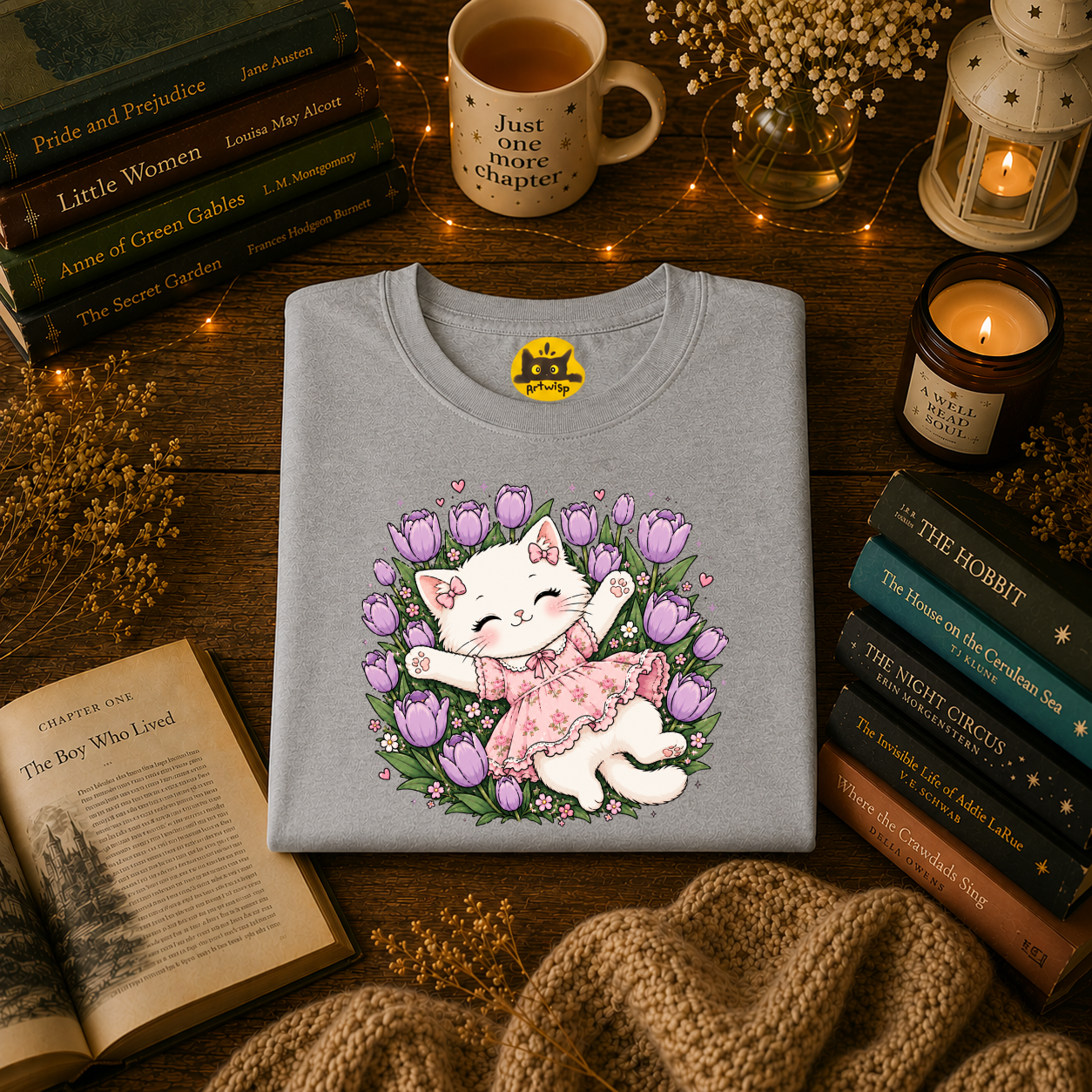 Cute Floral Cat T-Shirt — Happy Kitten in Tulips Graphic Tee