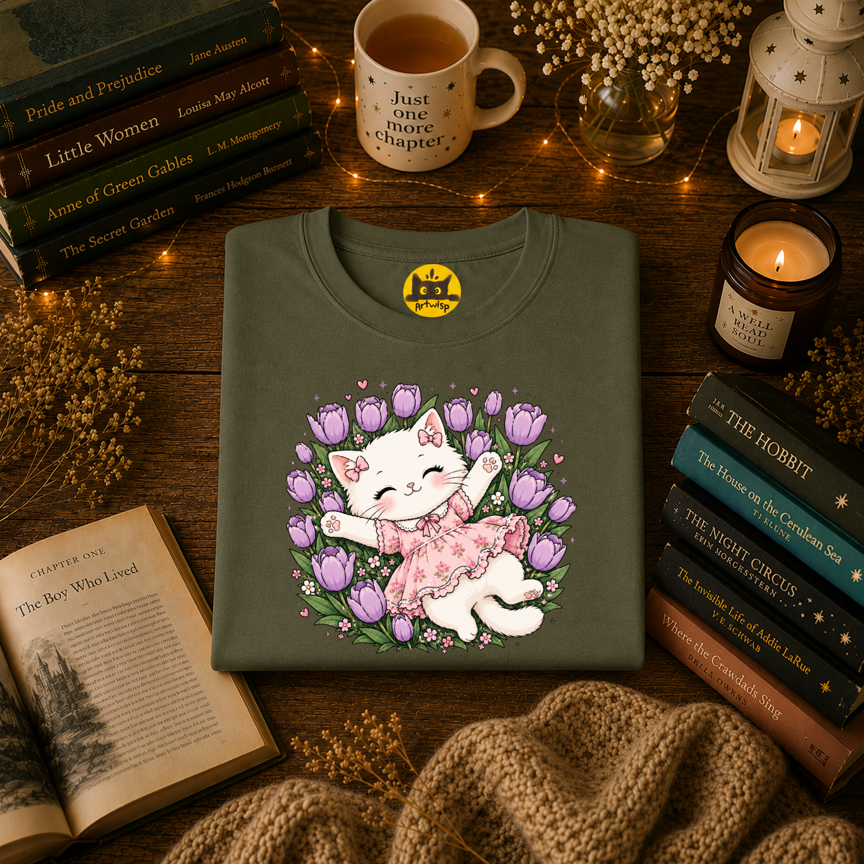 Cute Floral Cat T-Shirt — Happy Kitten in Tulips Graphic Tee
