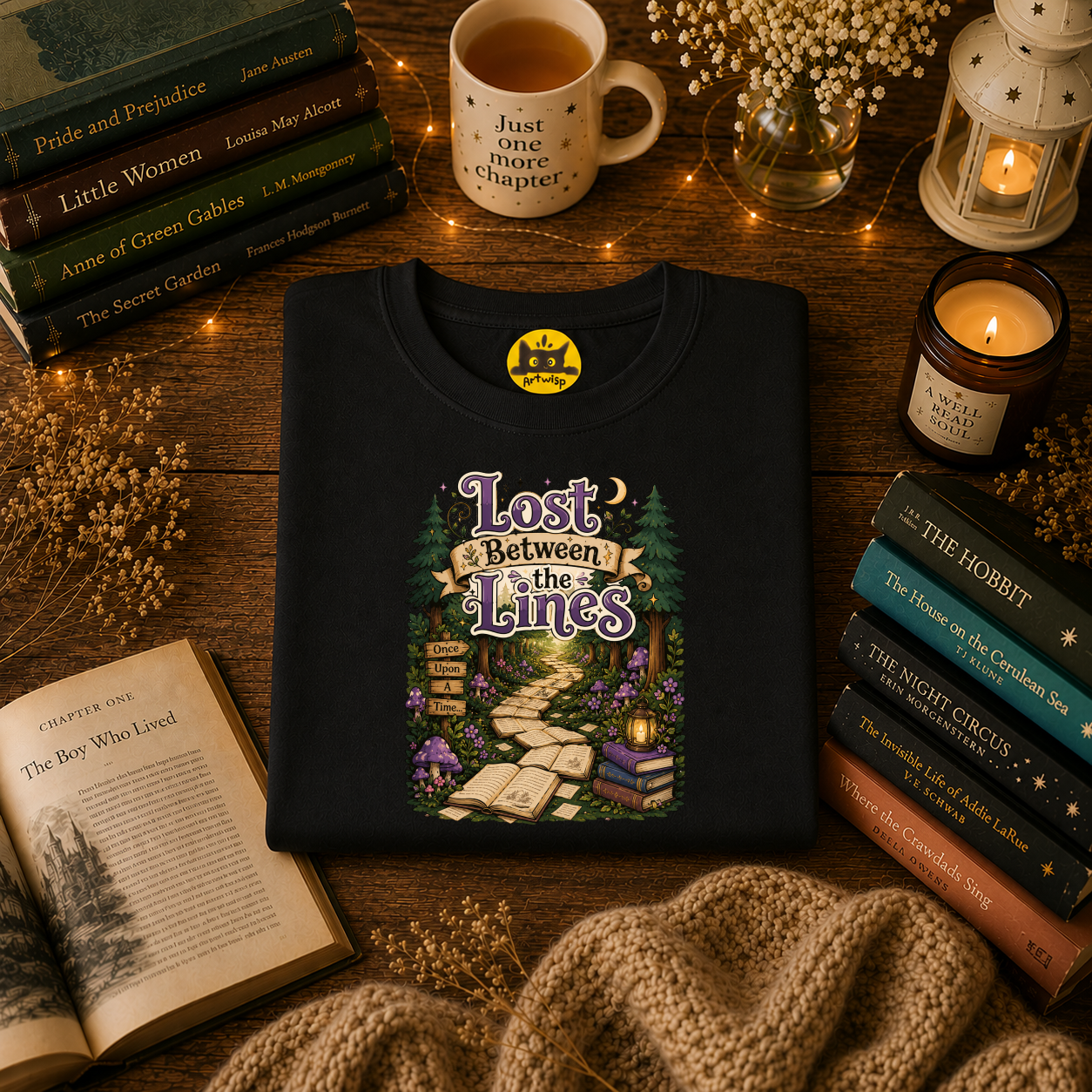 T-Shirt — “Lost Between the Lines” Forest Path Literary Tee