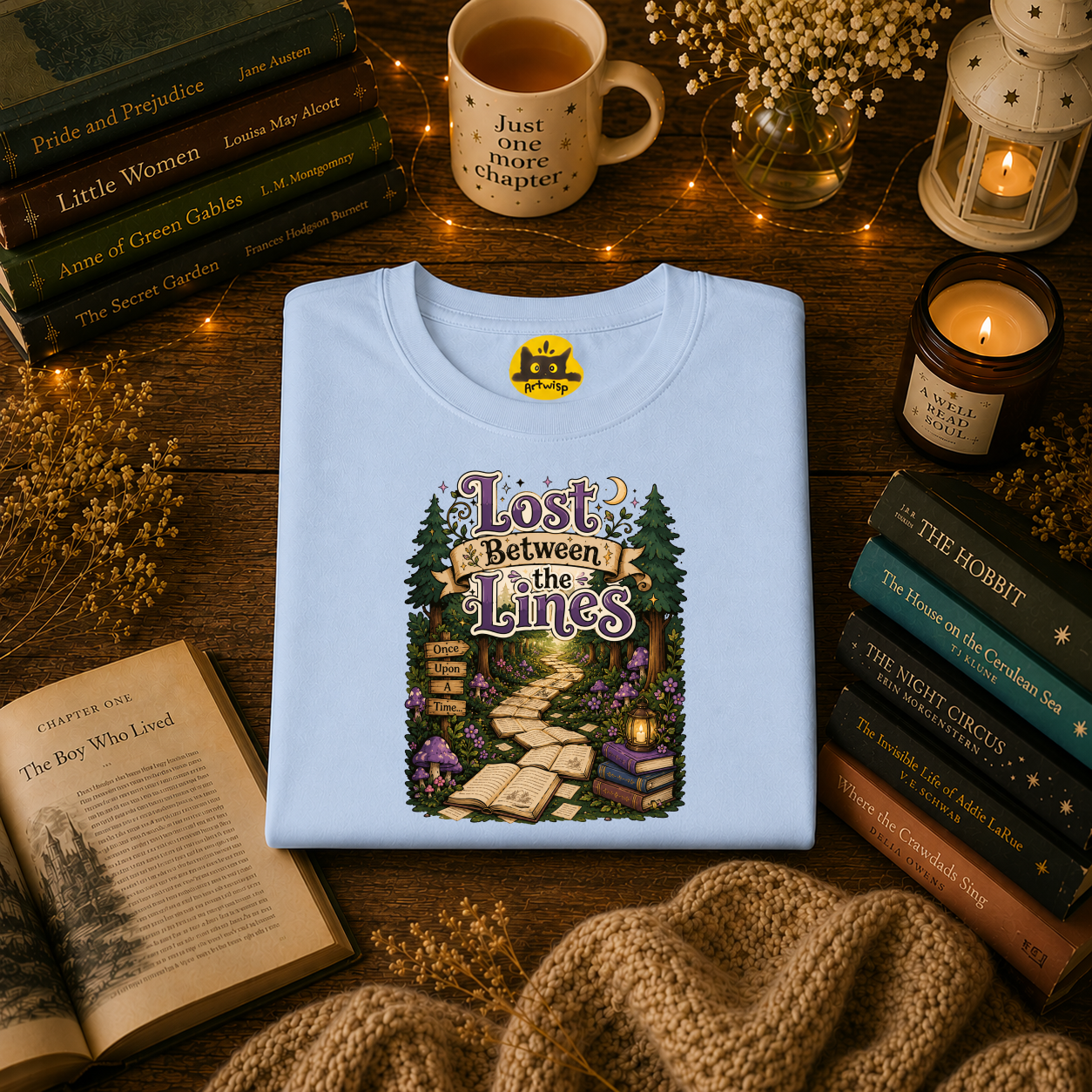 T-Shirt — “Lost Between the Lines” Forest Path Literary Tee