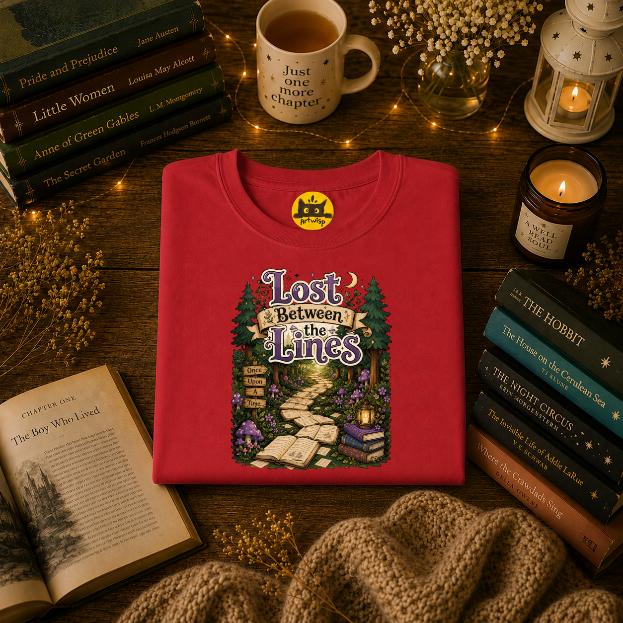 T-Shirt — “Lost Between the Lines” Forest Path Literary Tee