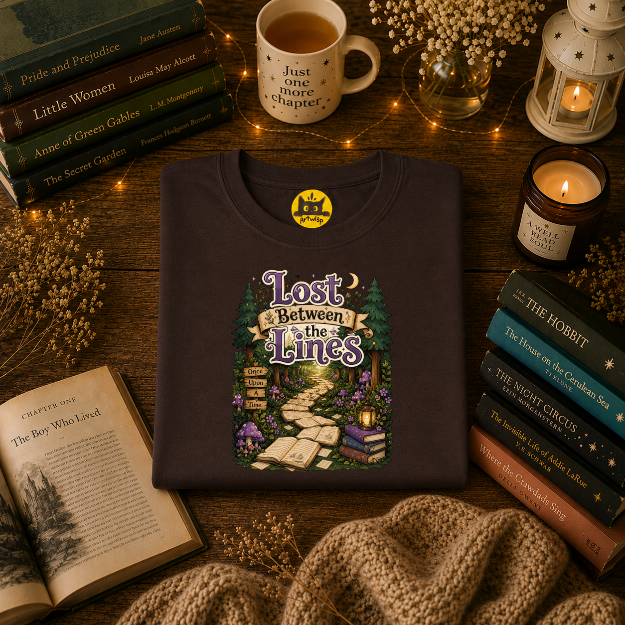 T-Shirt — “Lost Between the Lines” Forest Path Literary Tee