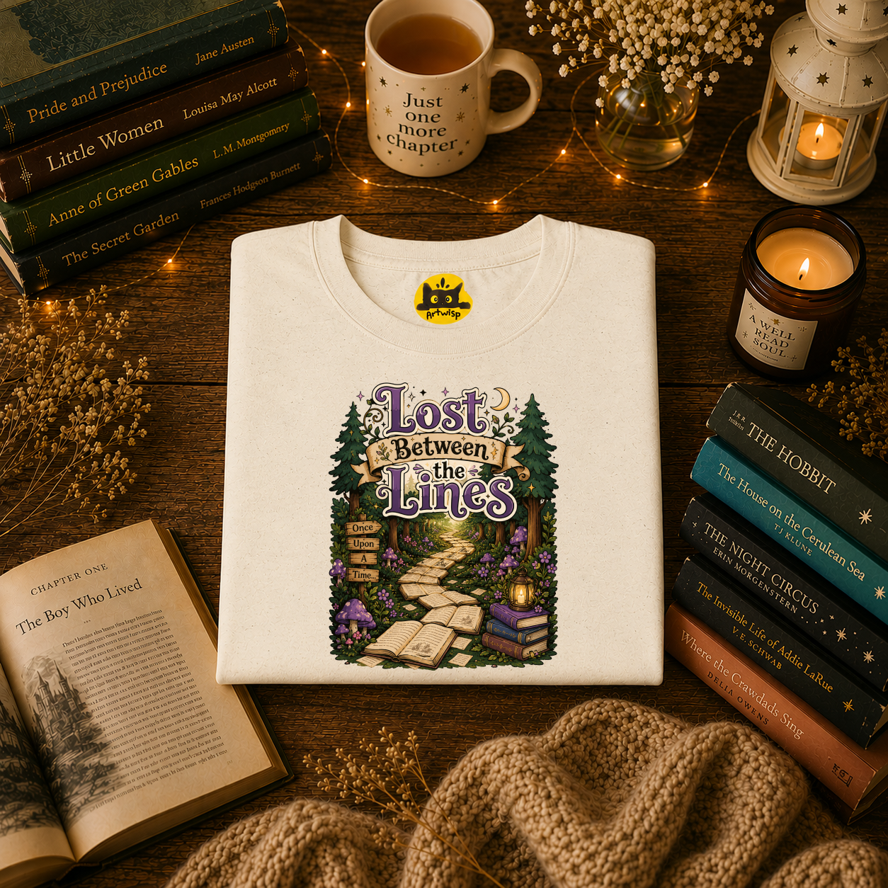 T-Shirt — “Lost Between the Lines” Forest Path Literary Tee