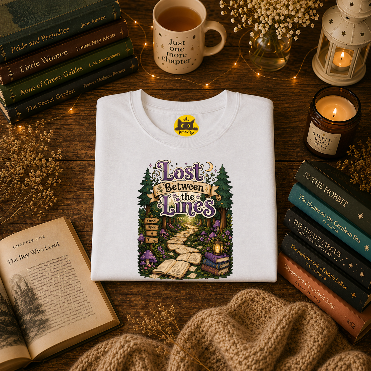 T-Shirt — “Lost Between the Lines” Forest Path Literary Tee