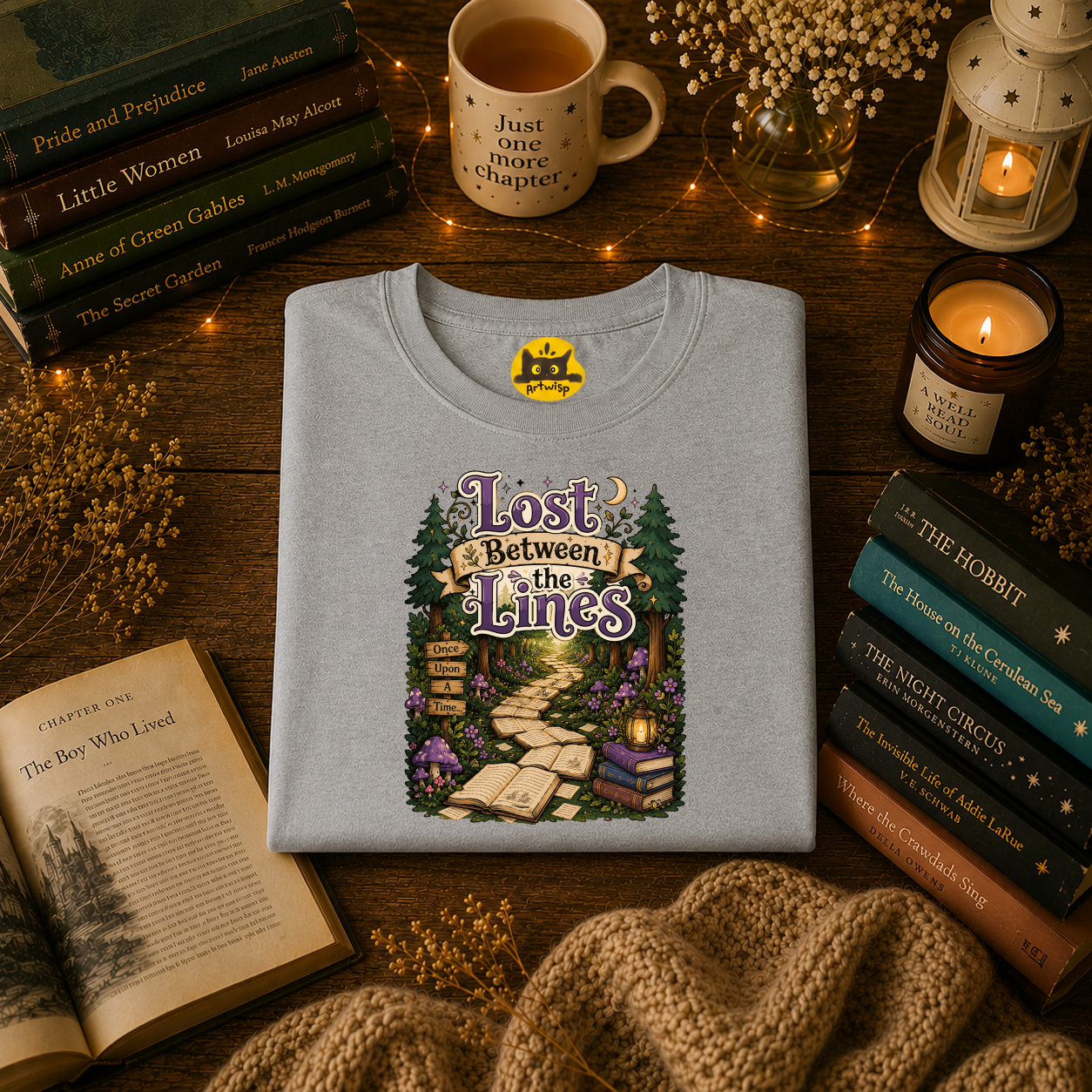 T-Shirt — “Lost Between the Lines” Forest Path Literary Tee