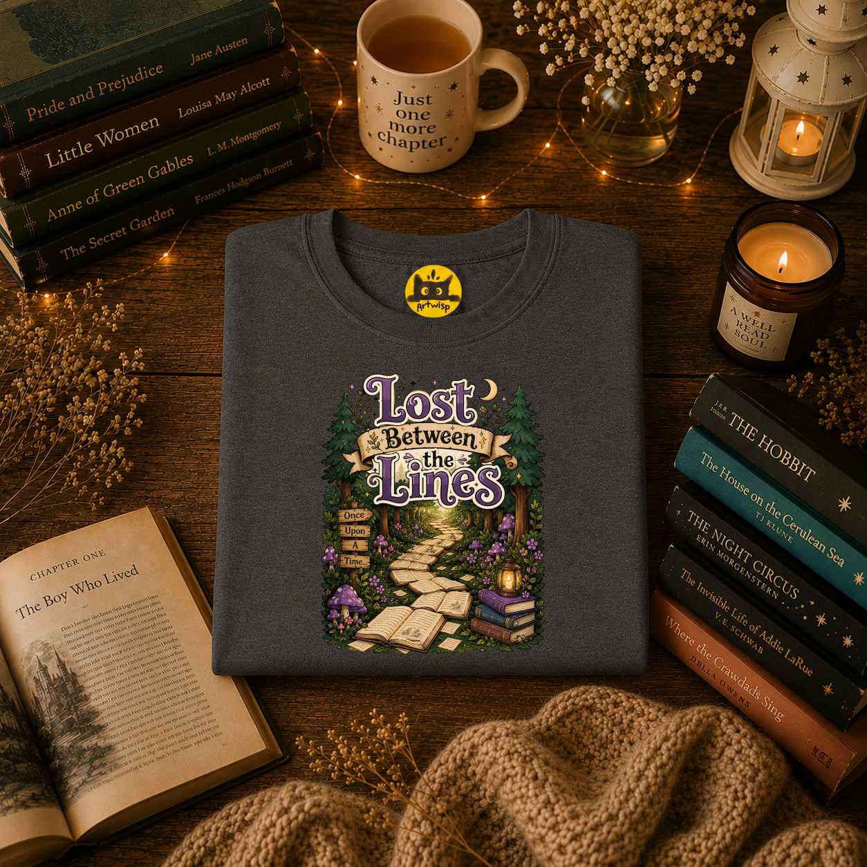 T-Shirt — “Lost Between the Lines” Forest Path Literary Tee