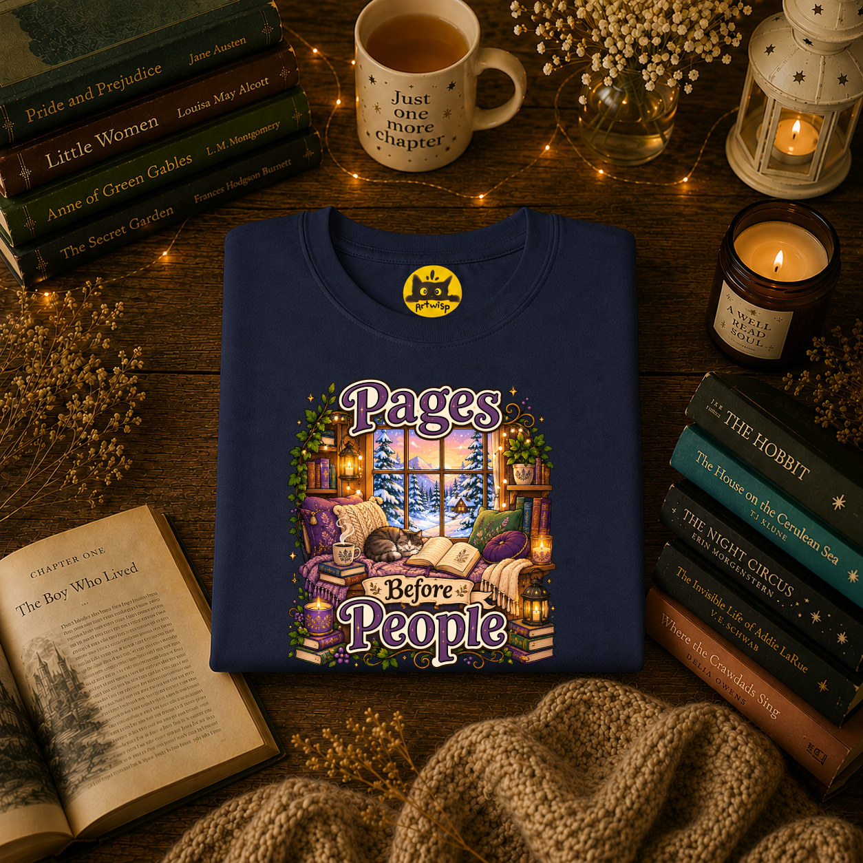 Booklover T-Shirt — "Pages Before People" Cozy Reading Room Design