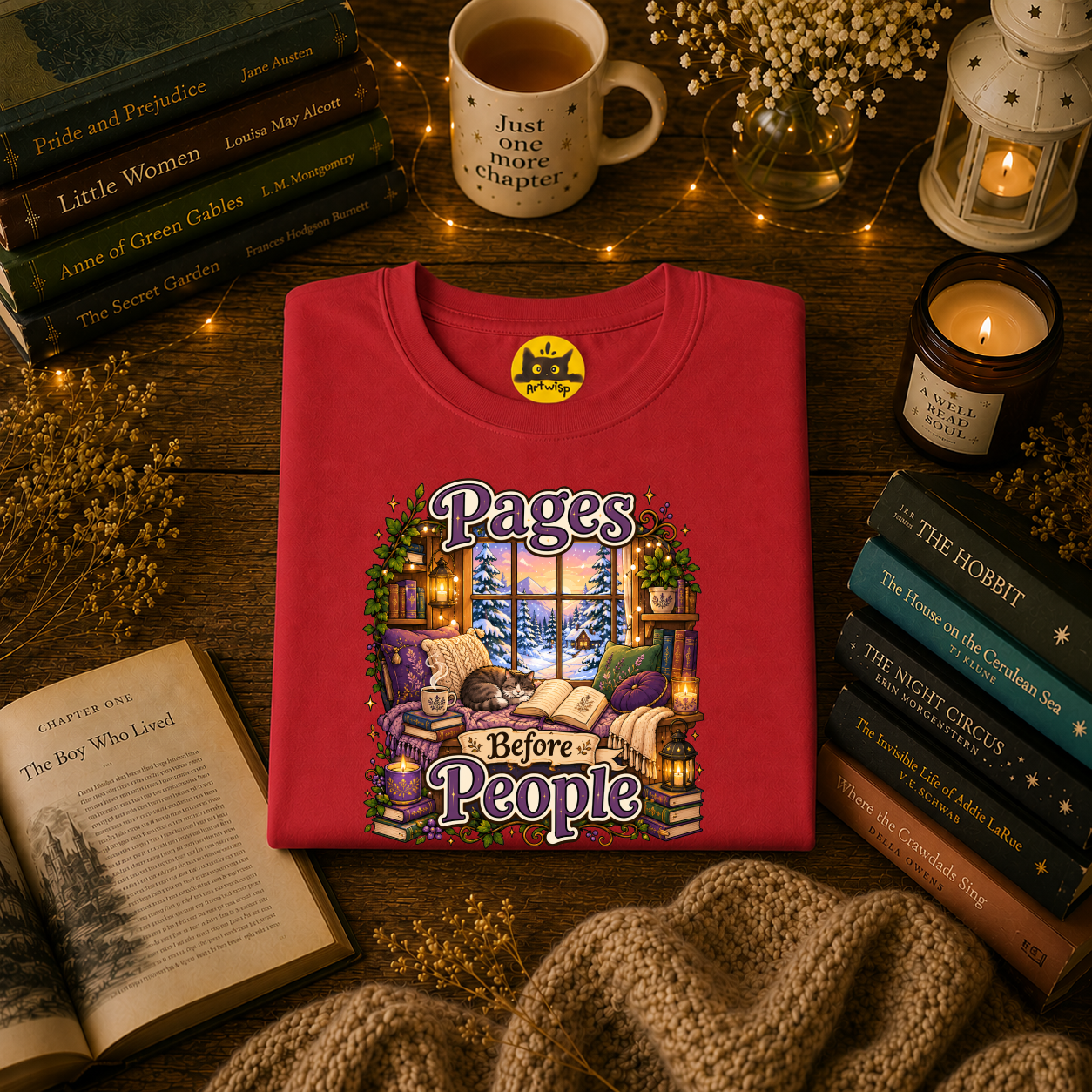 Booklover T-Shirt — "Pages Before People" Cozy Reading Room Design