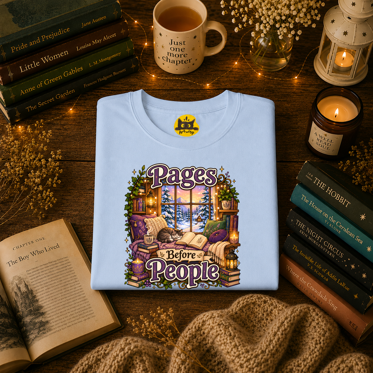 Booklover T-Shirt — "Pages Before People" Cozy Reading Room Design