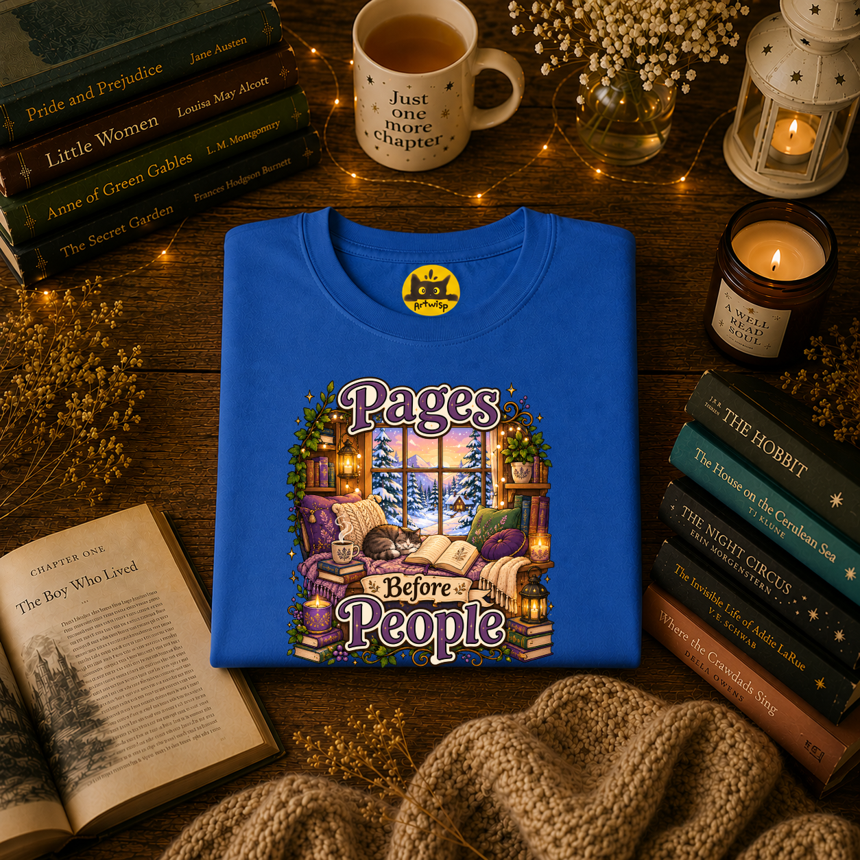 Booklover T-Shirt — "Pages Before People" Cozy Reading Room Design