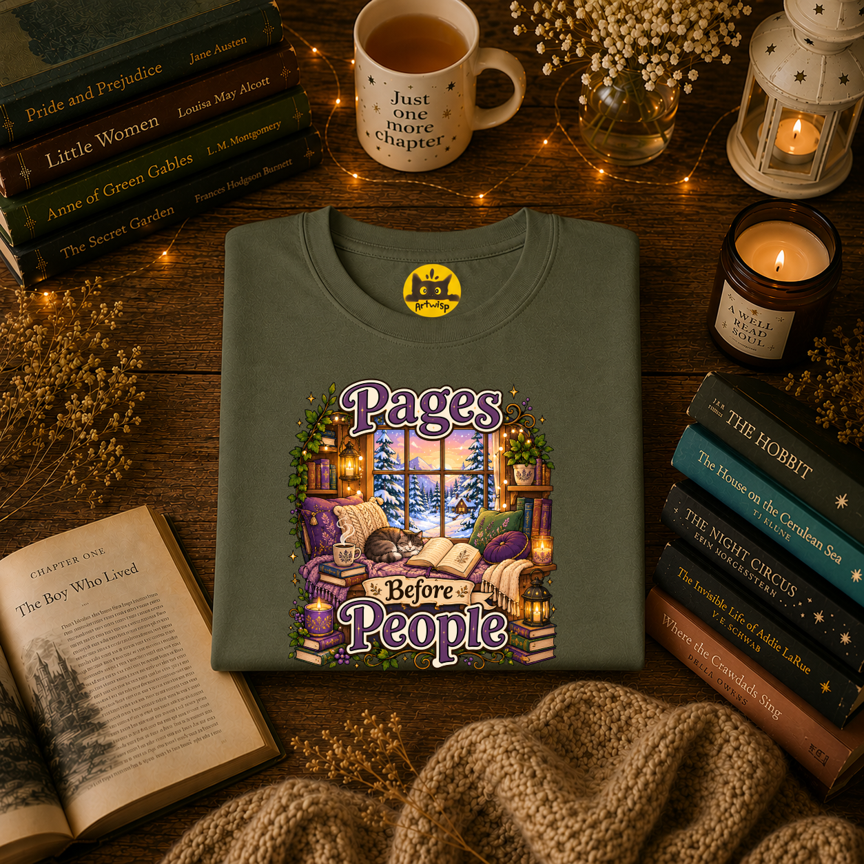 Booklover T-Shirt — "Pages Before People" Cozy Reading Room Design