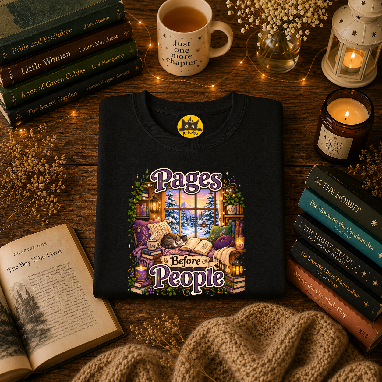 Booklover T-Shirt — "Pages Before People" Cozy Reading Room Design