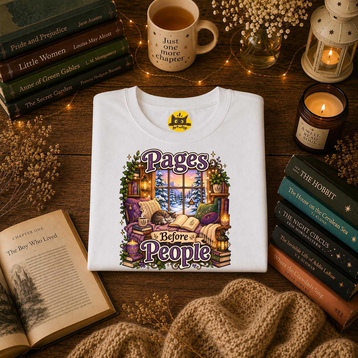 Booklover T-Shirt — "Pages Before People" Cozy Reading Room Design