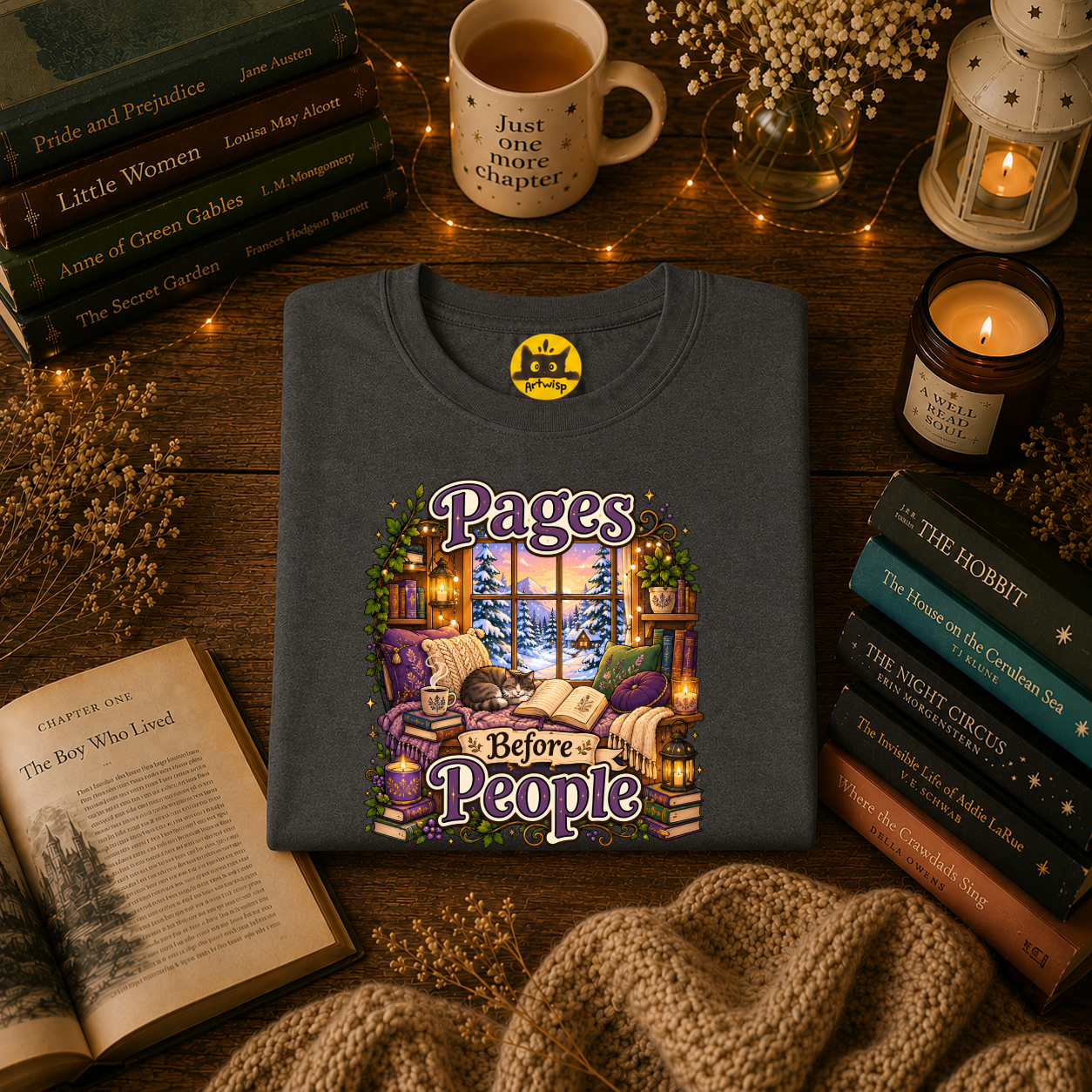 Booklover T-Shirt — "Pages Before People" Cozy Reading Room Design