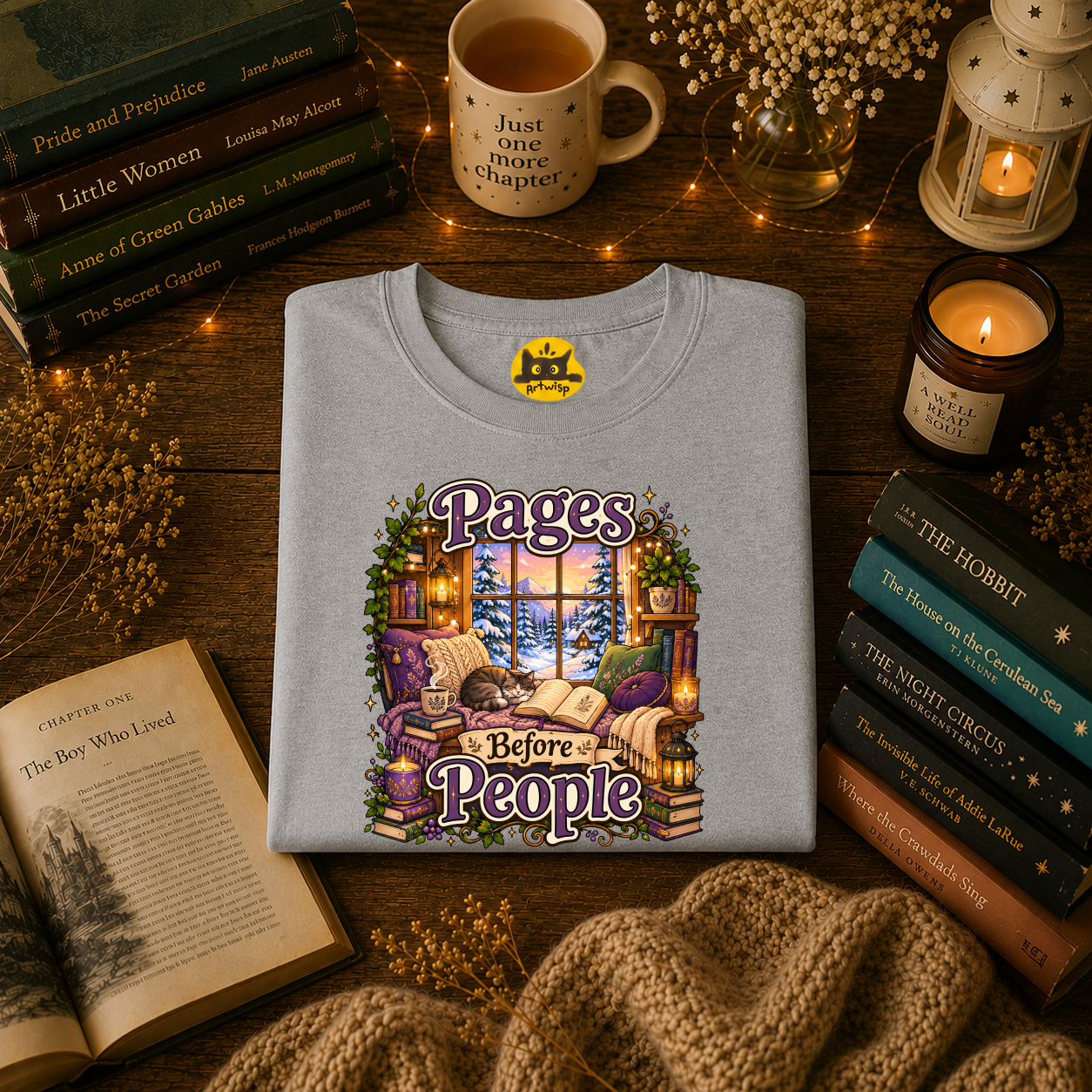 Booklover T-Shirt — "Pages Before People" Cozy Reading Room Design