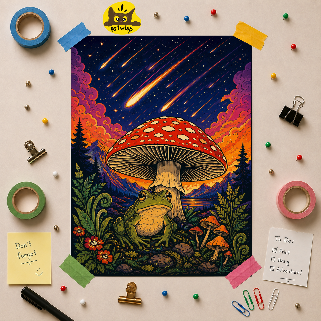 Psychedelic Toad & Mushroom Poster — Meteor Shower Night Sky Art Print