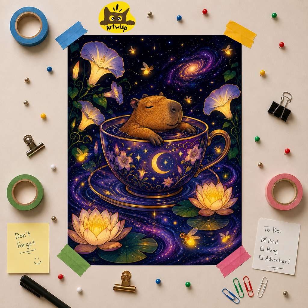 Whimsical Nightcap Poster — Capybara in Teacup Starry Garden Rolled Art Print