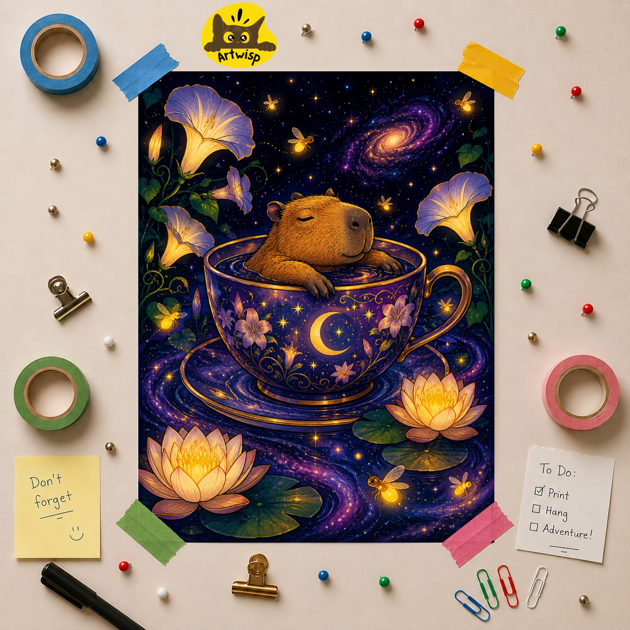 Whimsical Nightcap Poster — Capybara in Teacup Starry Garden Rolled Art Print