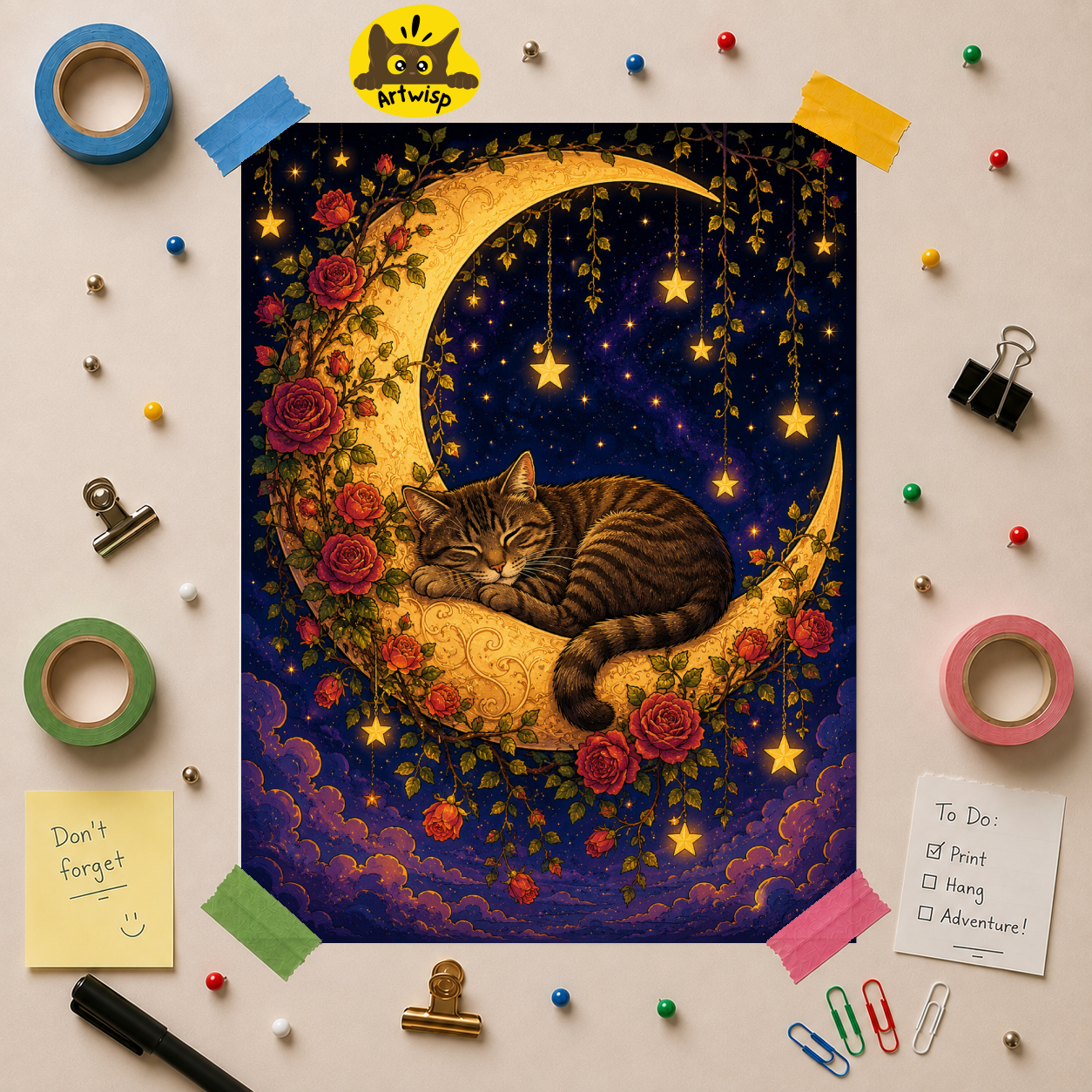 Sleeping Brown Mackerel Tabby Cat on Crescent Moon Poster — Whimsical Night Sky Wall Art
