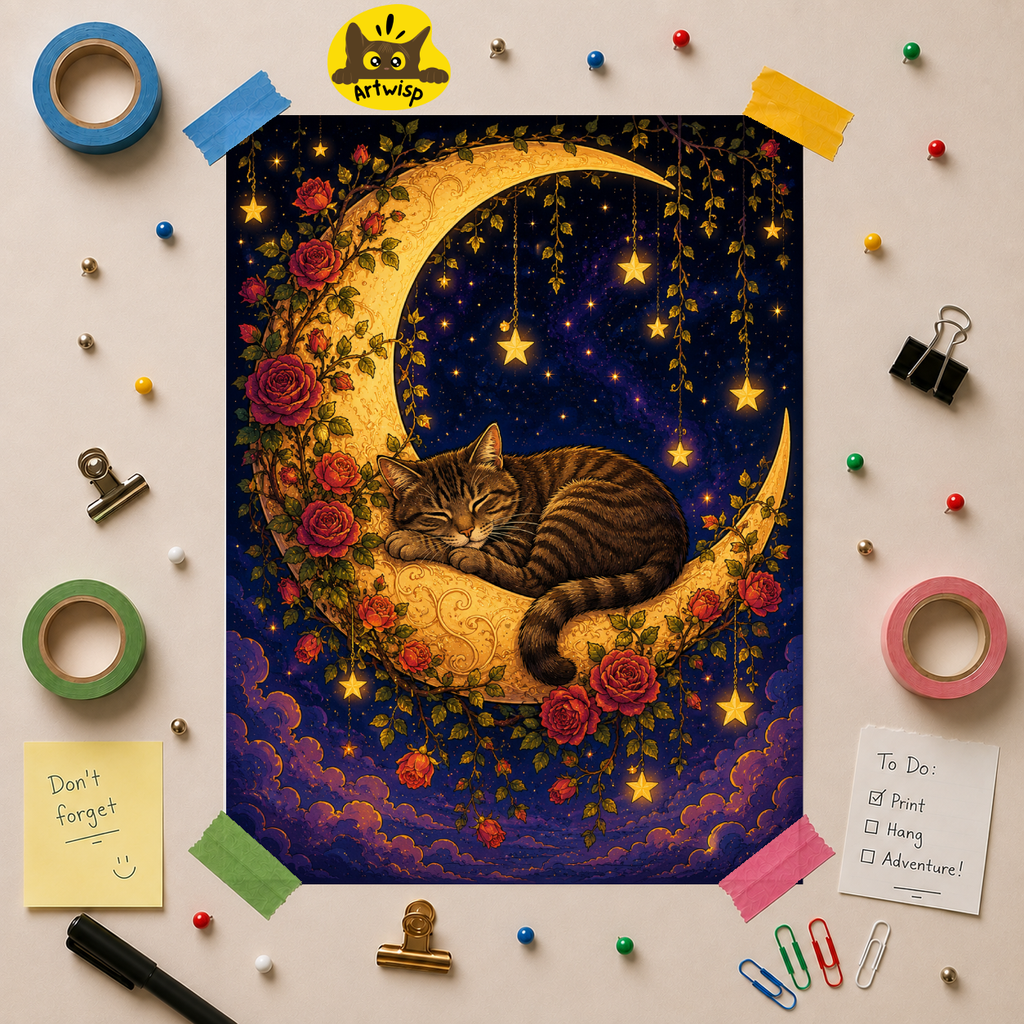 Sleeping Brown Mackerel Tabby Cat on Crescent Moon Poster — Whimsical Night Sky Wall Art