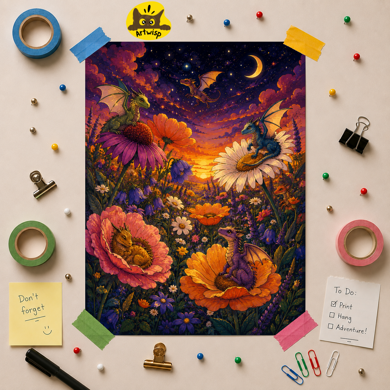Fantasy Dragon Garden Poster — Whimsical Night Sky Floral Art Print (Rolled)
