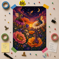 Fantasy Dragon Garden Poster — Whimsical Night Sky Floral Art Print (Rolled)