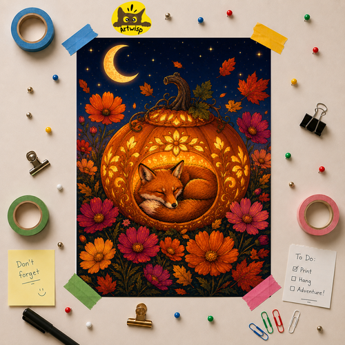 Autumn Fox in Pumpkin Rolled Poster — Cozy Fall Wall Art for Halloween & Seasonal Decor