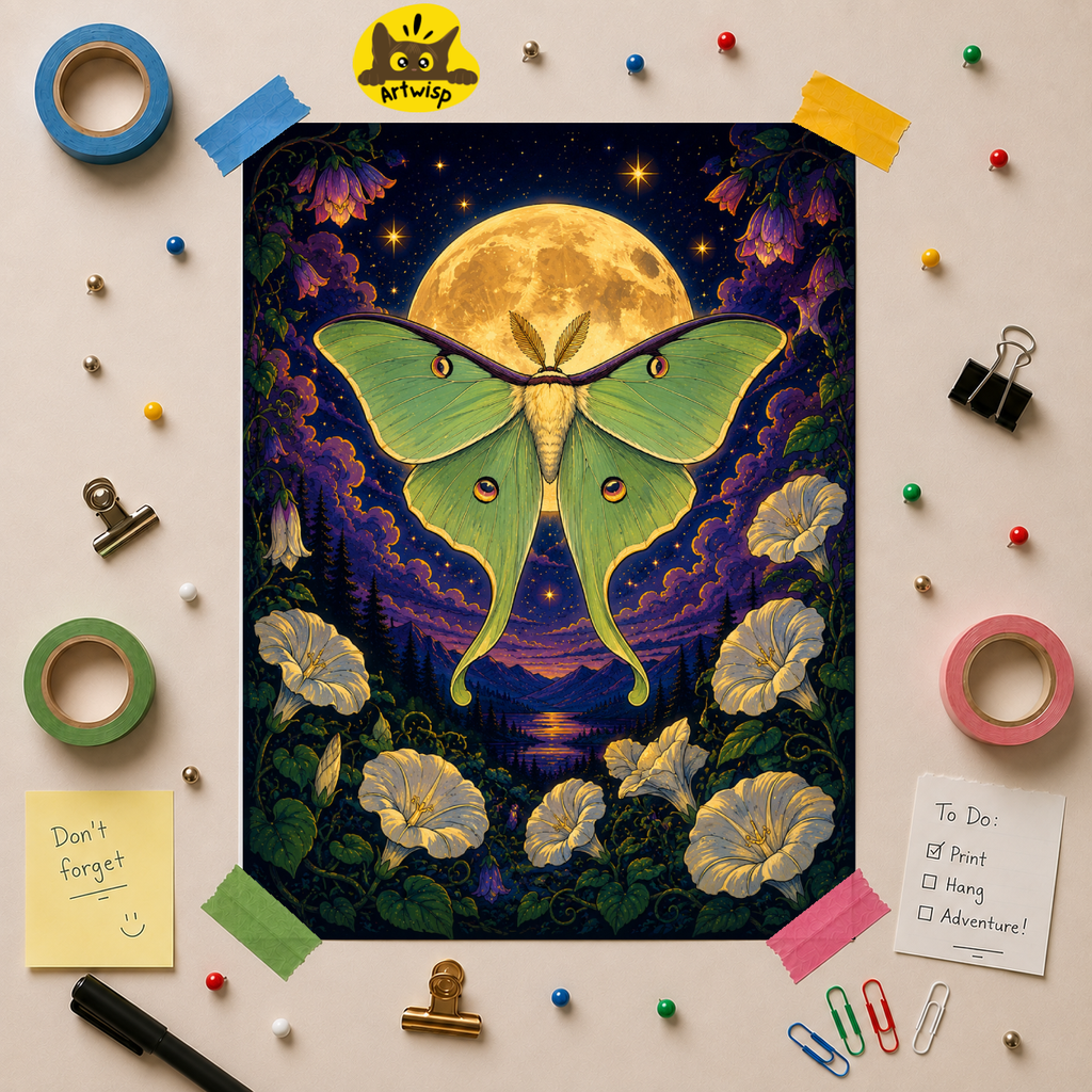 Lunar Luna Moth Poster — Moonlit Moth Wall Art Print
