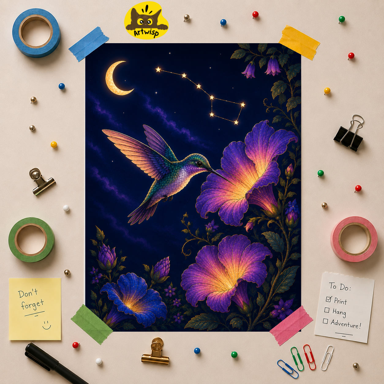 Hummingbird Moon Poster — Celestial Floral Night Wall Art