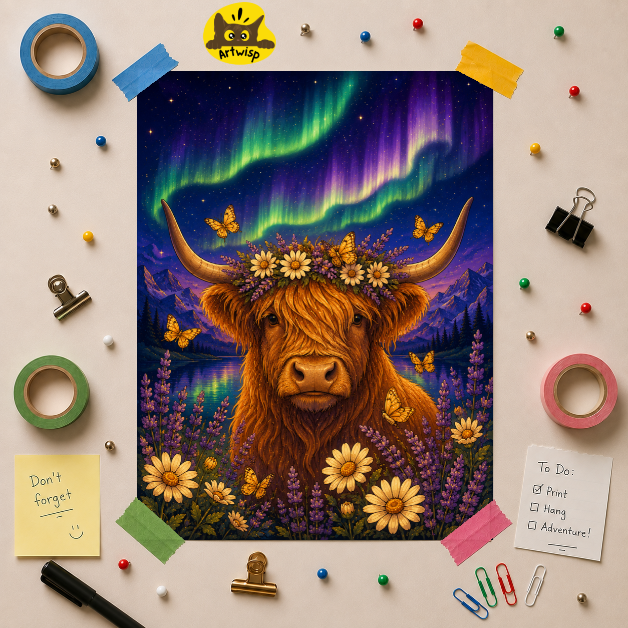Highland Cow Aurora Sky Poster — Floral Highland Cattle Wall Art