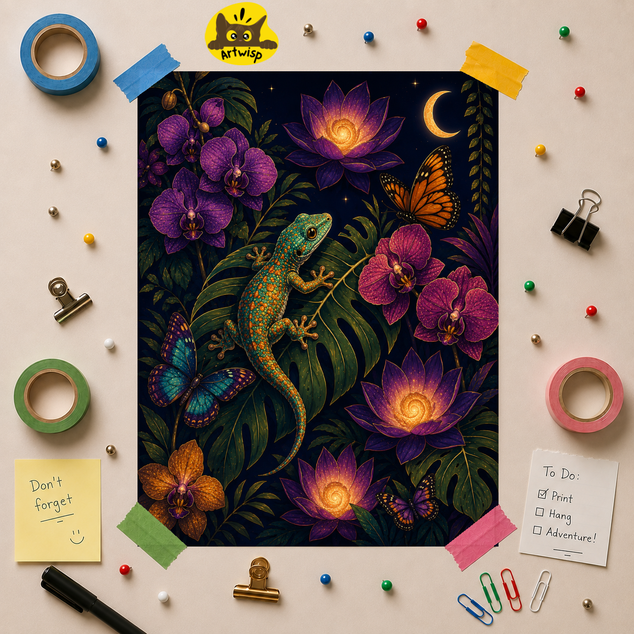 Starry Night Gecko Poster — Botanical Lizard Art Print with Moonlit Orchids & Butterflies