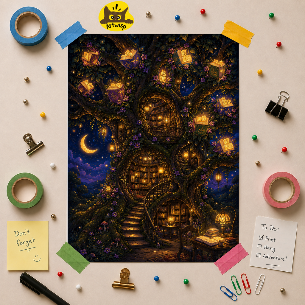 Fantasy Tree Library Poster — Magical Night Book Nook Wall Art