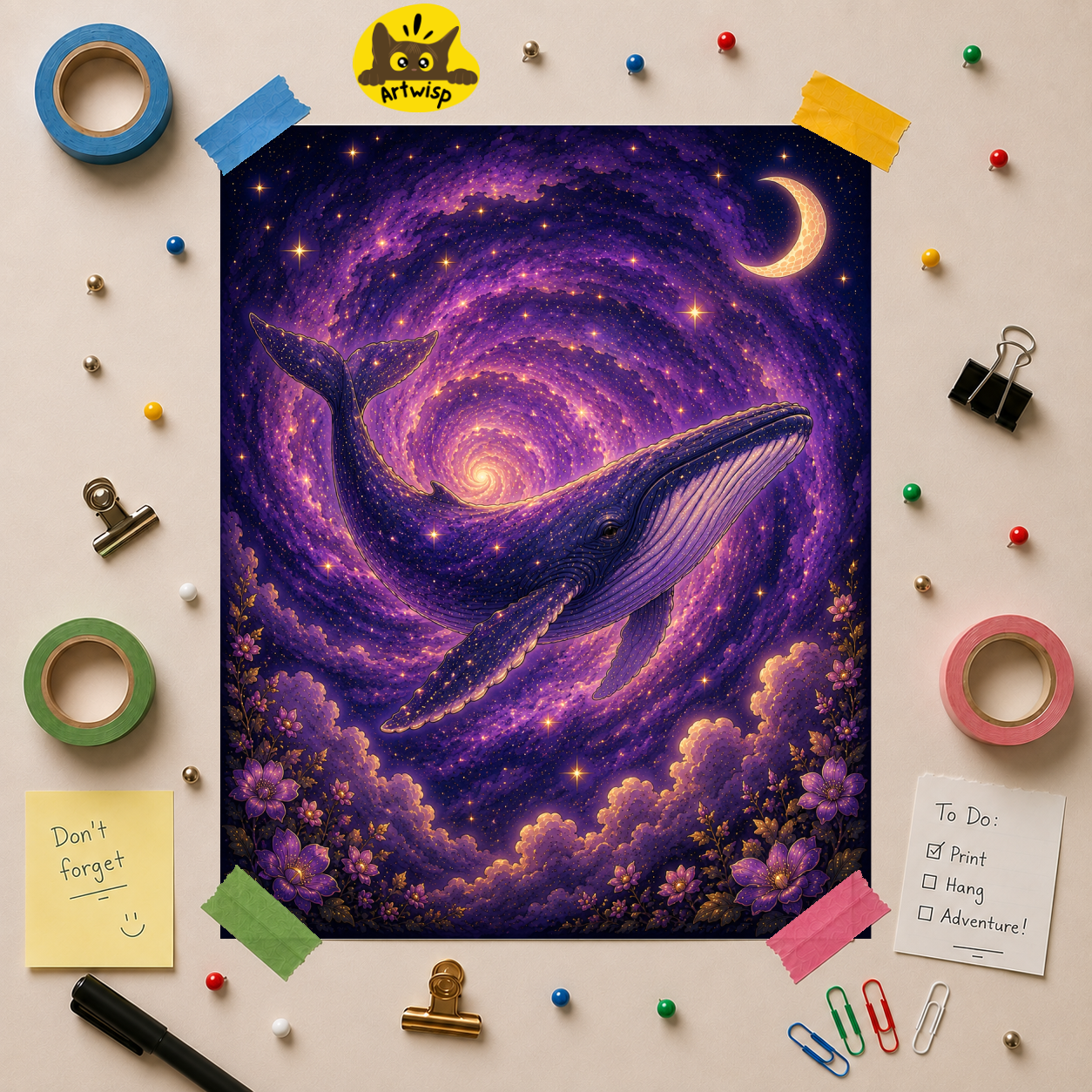 Whale Galaxy Poster — Purple Crescent Moon Cosmic Art Print