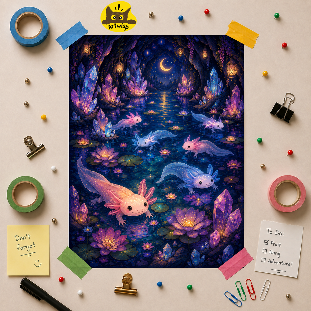 Axolotl Nightscape Poster — Fantasy Moonlit Aquatic Art Print