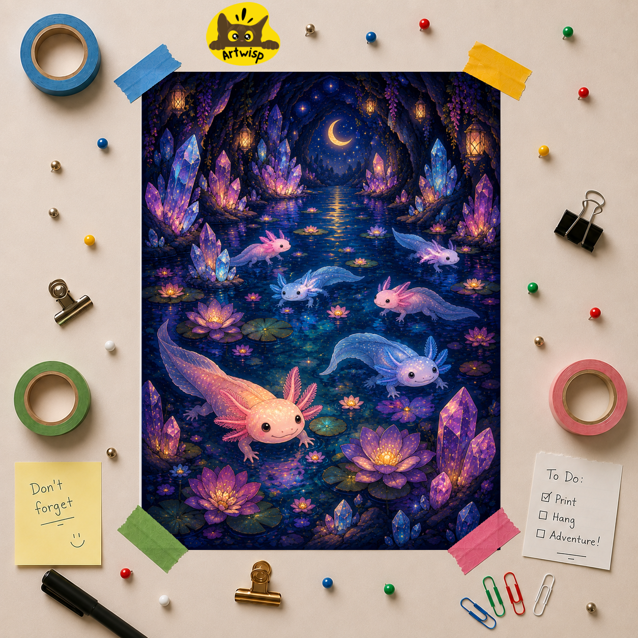 Axolotl Nightscape Poster — Fantasy Moonlit Aquatic Art Print