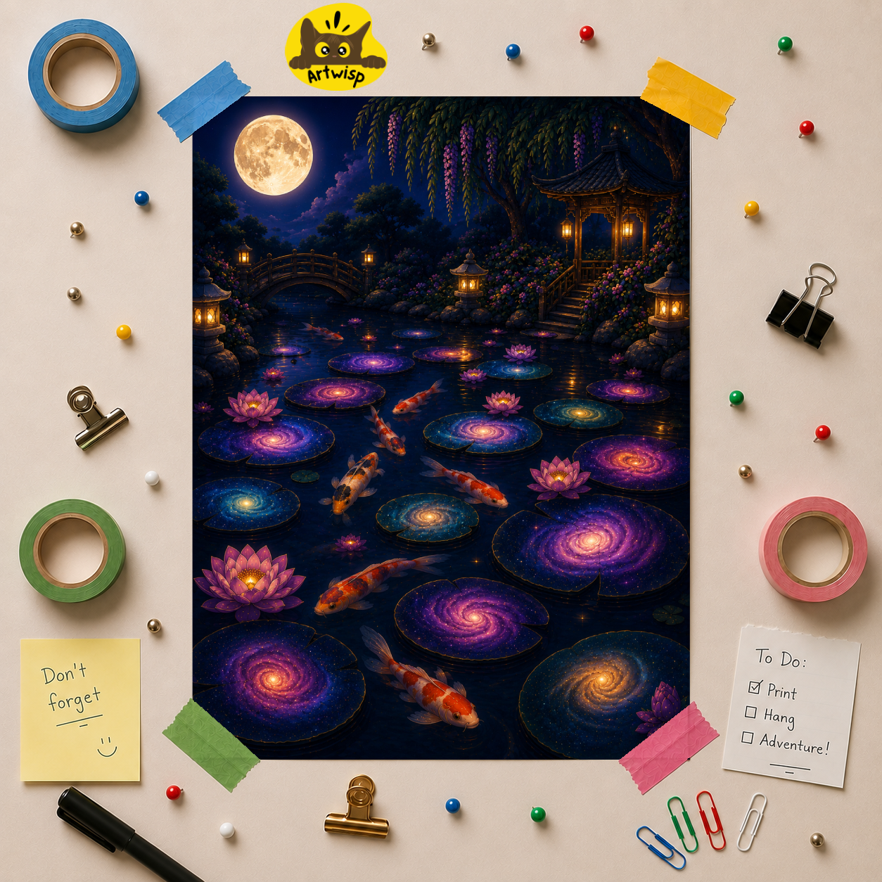 Koi Galaxy Pond Rolled Poster — Moonlit Lotus & Starry Swirls Wall Art