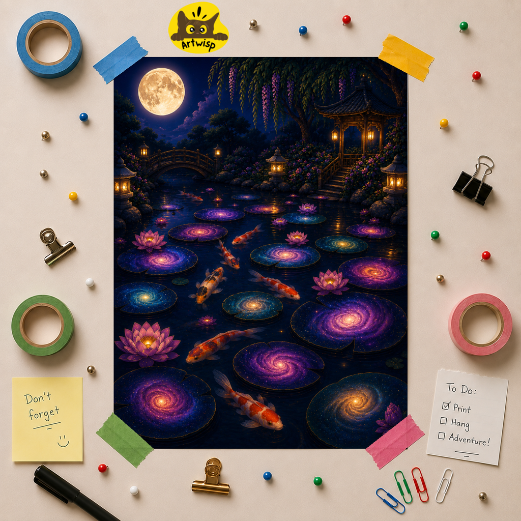 Koi Galaxy Pond Rolled Poster — Moonlit Lotus & Starry Swirls Wall Art