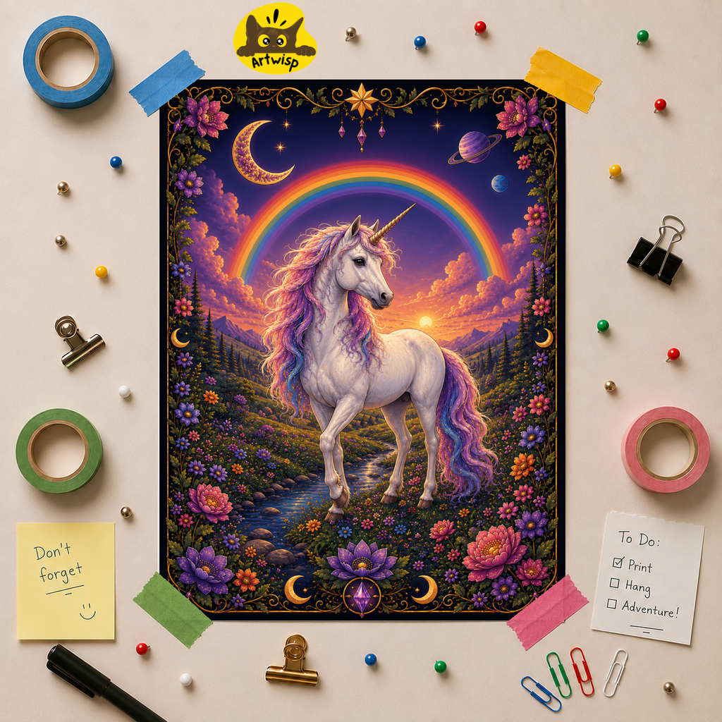 Unicorn Rainbow Poster — Mystical Fantasy Rolled Art Print