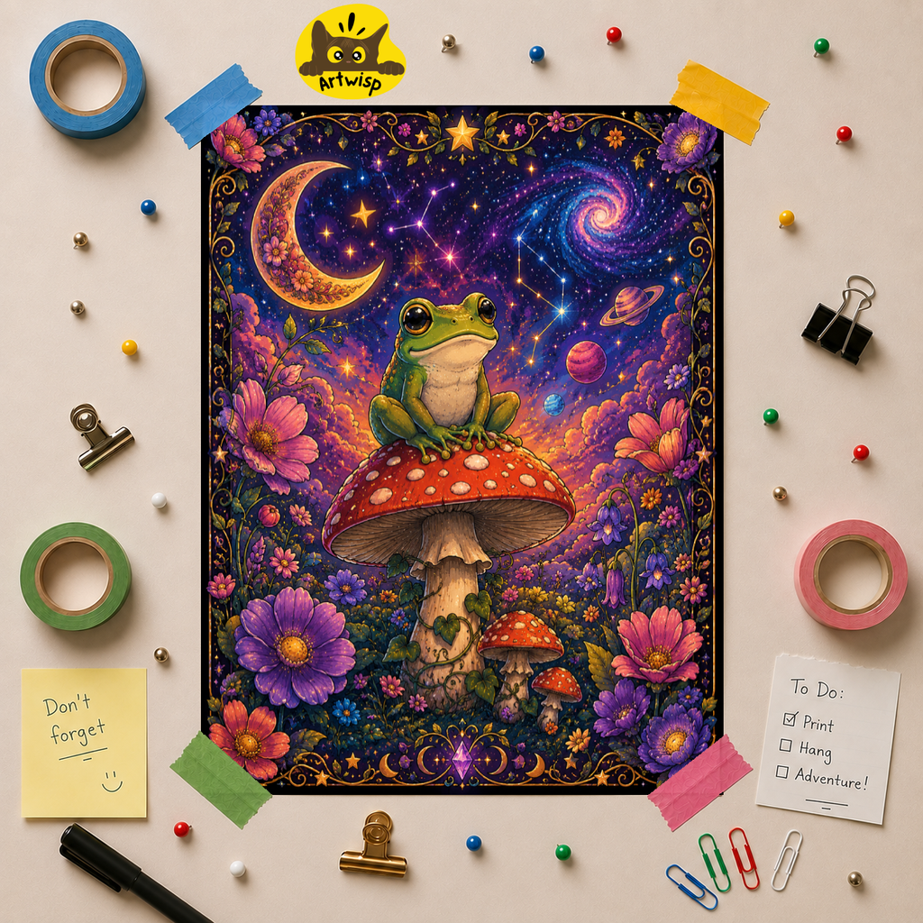 Psychedelic Cosmic Frog Red Capped Mushroom Poster — Cosmic Moon & Stars Wall Art