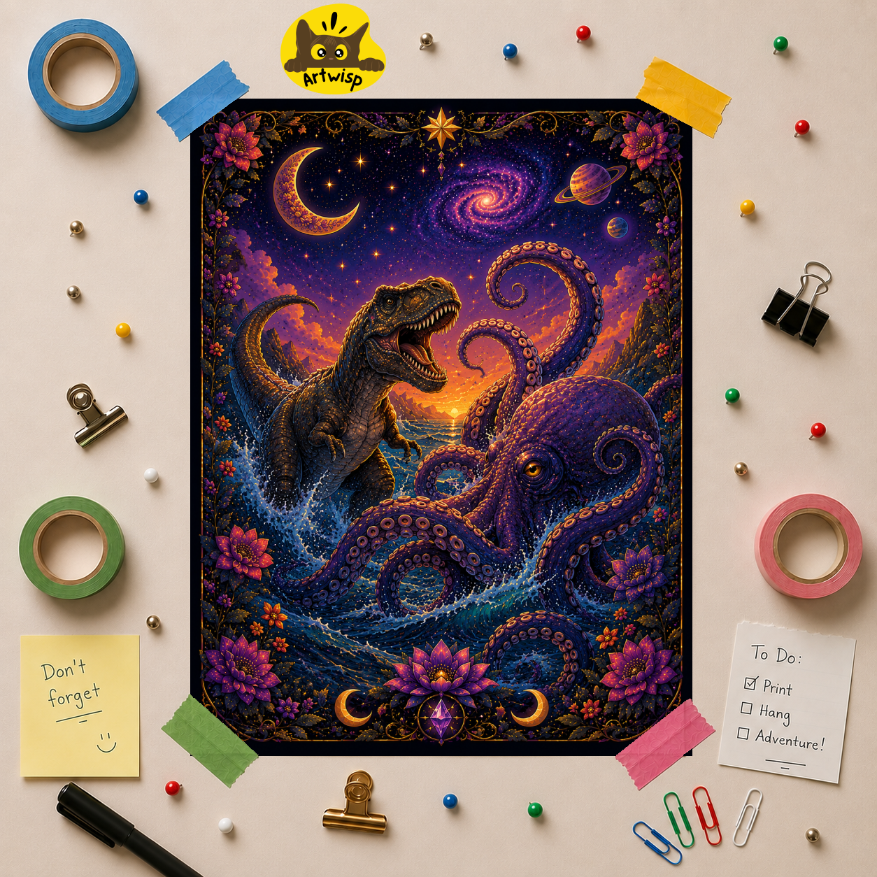 T-Rex vs. Kraken Cosmic Art Poster — Psychedelic Dinosaur Print