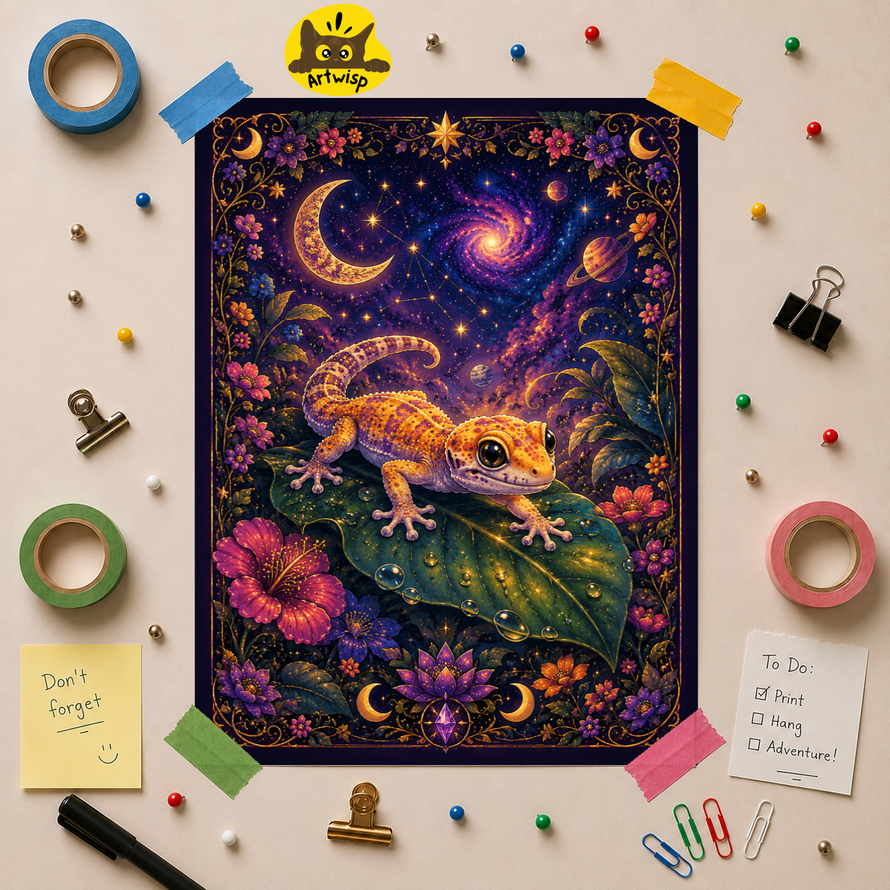 Gecko Moonlight Poster — Mystical Night Sky Wall Art