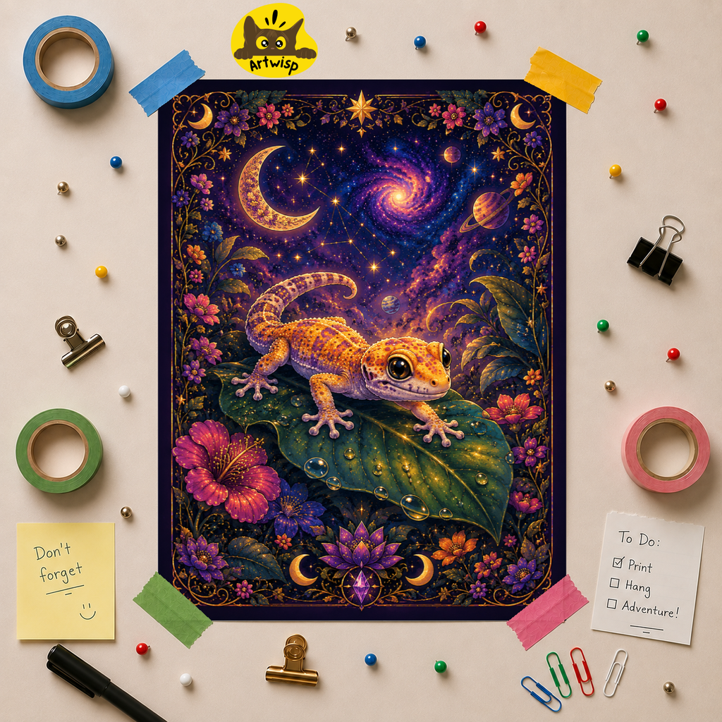 Gecko Moonlight Poster — Mystical Night Sky Wall Art