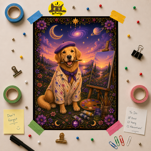 Artist Golden Retriever Poster — Cute Dog Painter Art Print for Home Decor