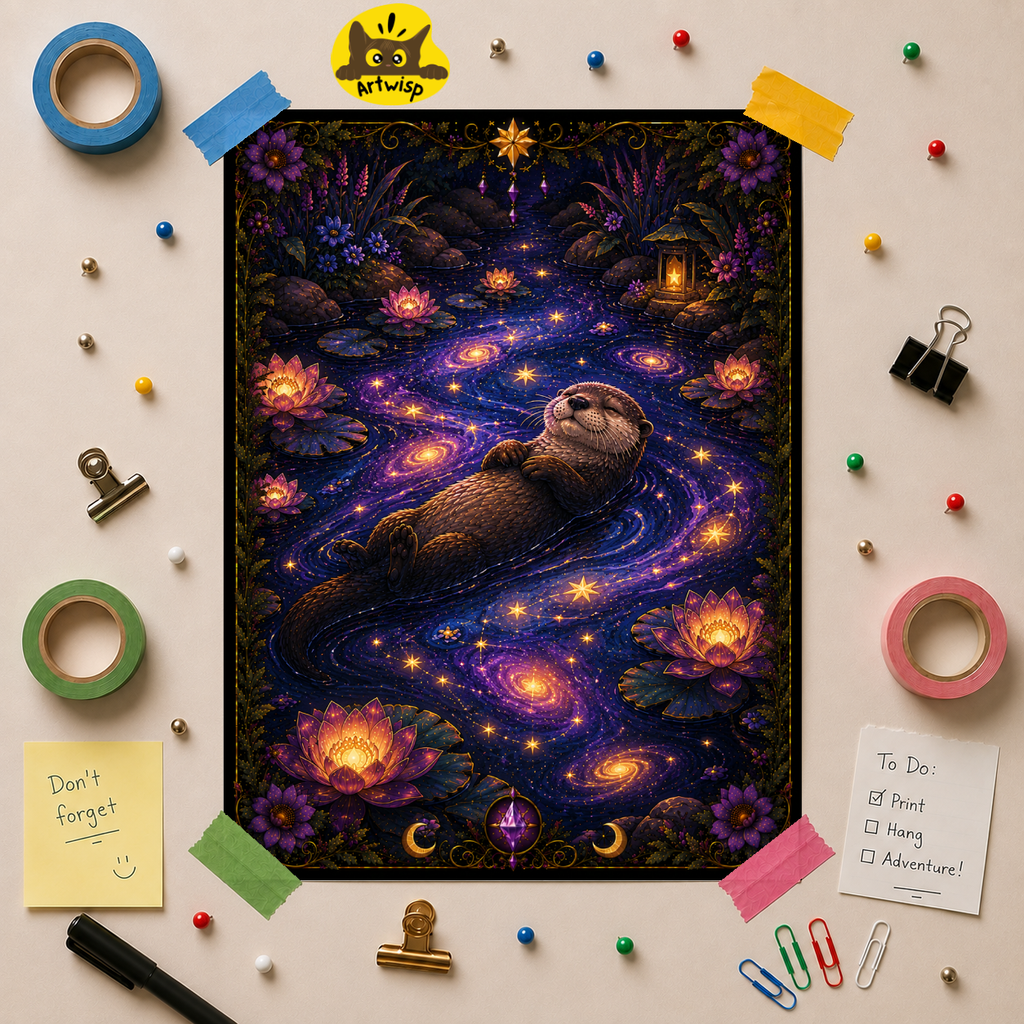 Otter Night Dream Rolled Poster — Mystical Galaxy Watercolor Wall Art