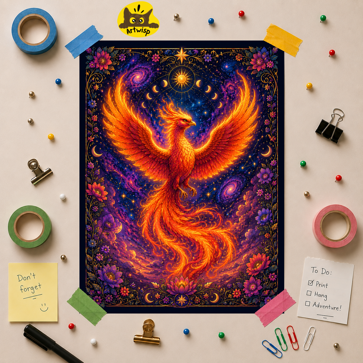 Phoenix Wall Poster — Vibrant Mystic Sun & Moon Art Print