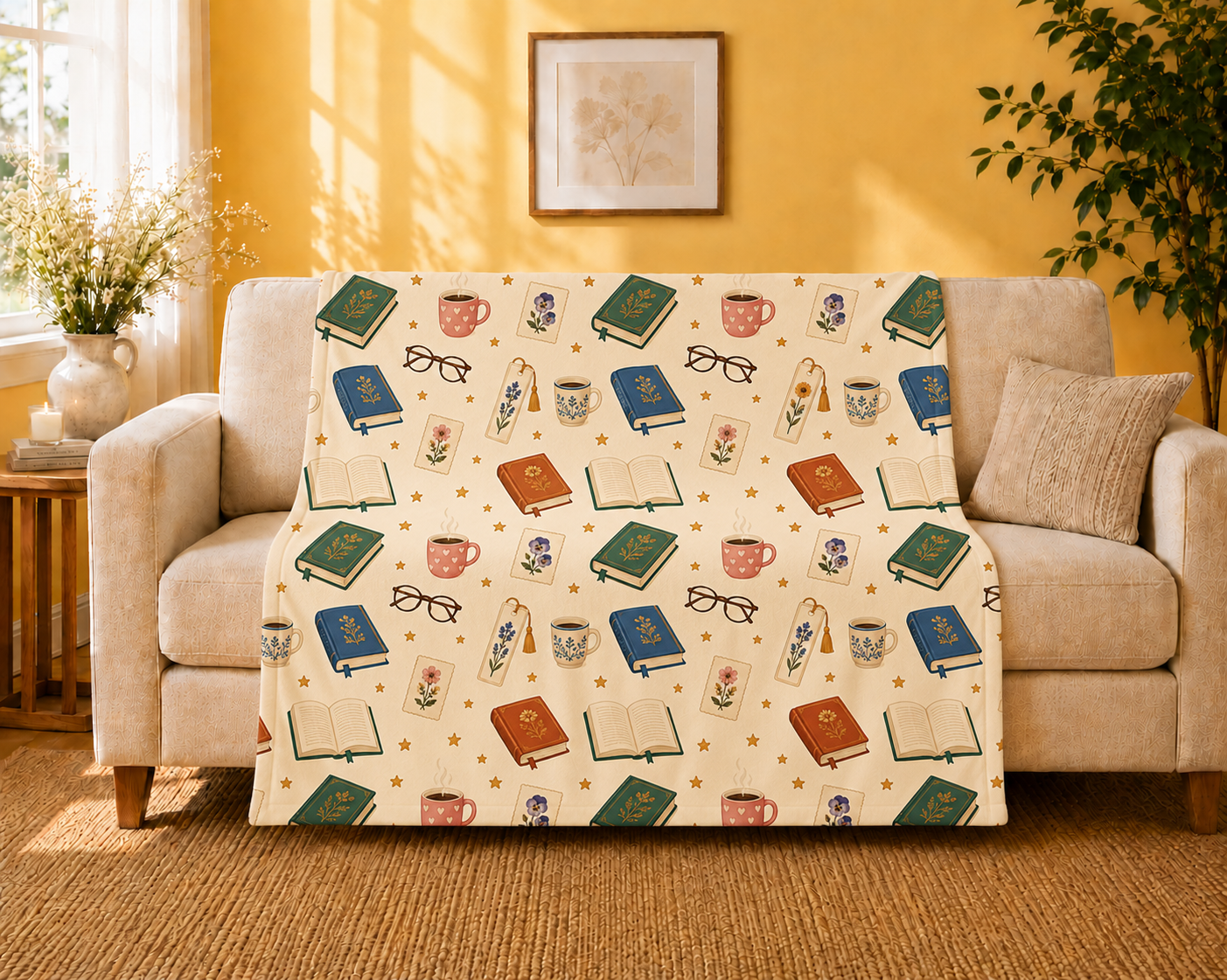 Reading Nook Velveteen Plush Blanket — Cozy Book & Tea Pattern Throw