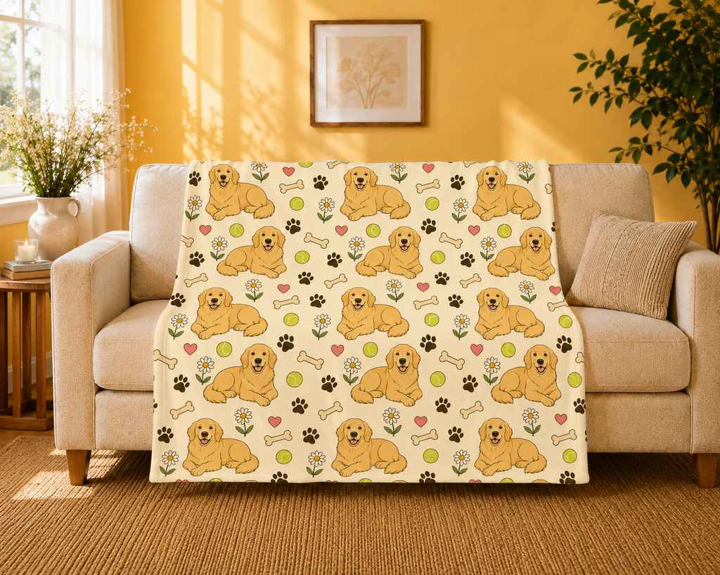 Golden Retriever Pattern Velveteen Plush Blanket — Cute Dog, Paw & Toy Design