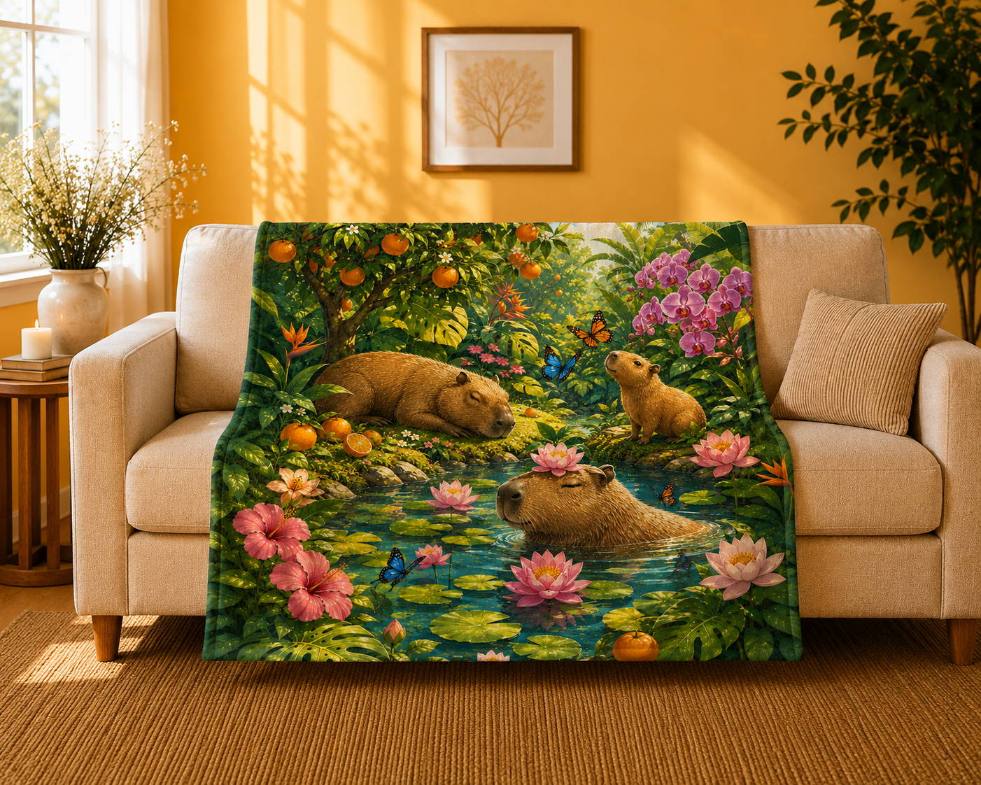 Capybara Garden Velveteen Plush Blanket — Tropical Floral Cozy Throw