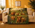 Highland Cattle Velveteen Plush Blanket — Cozy Farmhouse Throw with Highland Cow Family Design